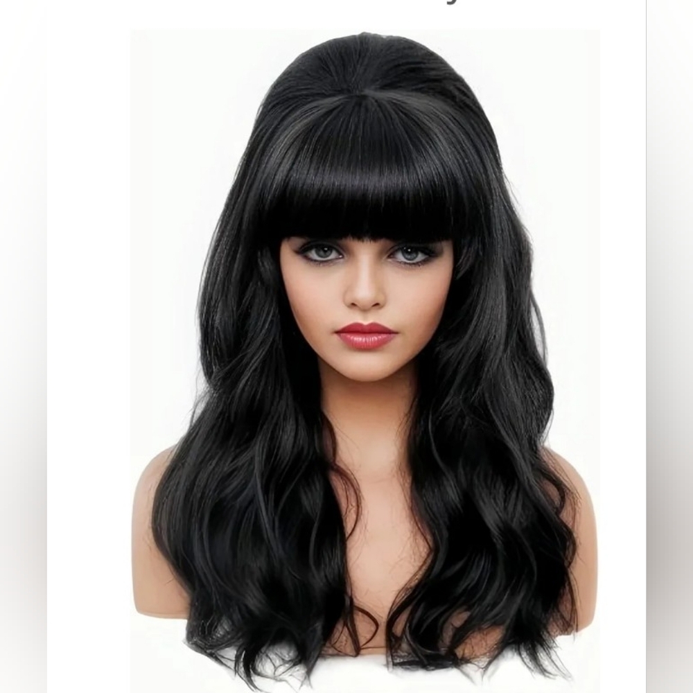 Rugelyss Long Wavy Black Wig with Bang Big Bouffant Beehive Wigs for Women